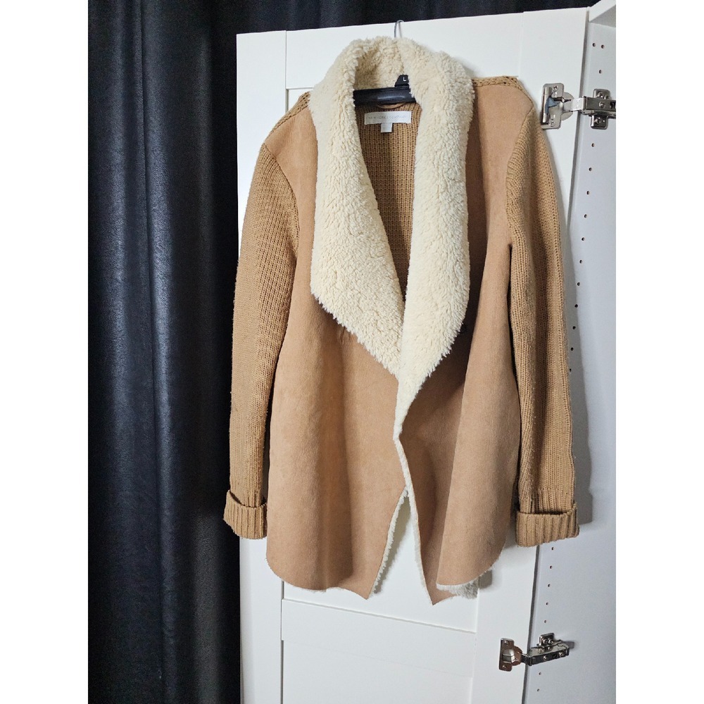 New York & CO Faux‎ Suede Sherpa Lined Sleeveless Cardigan Tan Jacket Size M